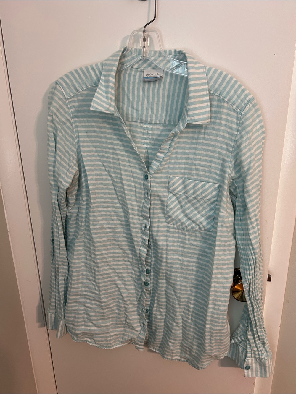 Columbia Light Teal & White Striped Button Shirt